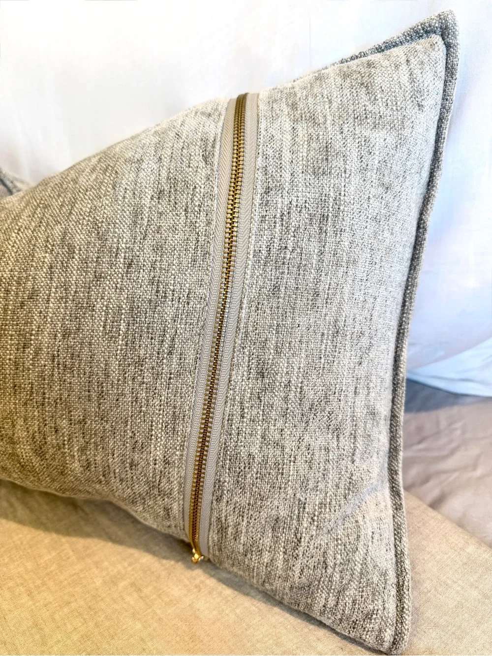 Catherine Malandrino Textured Lumbar Pillow - Gray with Gold-Toned Zipper Decor